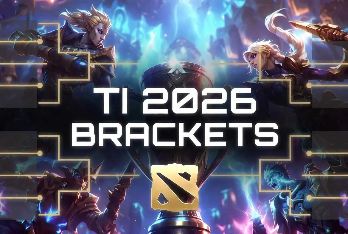 TI 2026 standings and bracket tracker graphic for the Shanghai Dota 2 playoffs