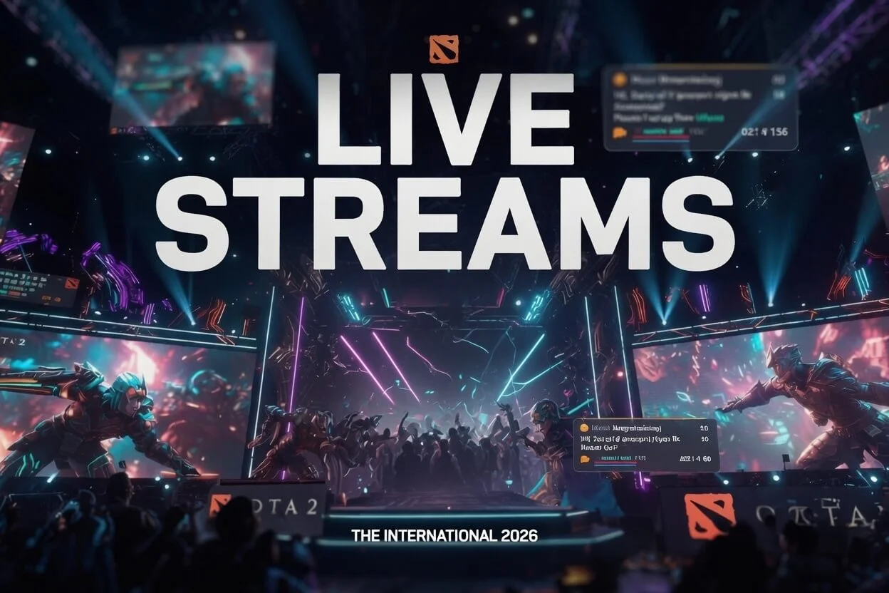 TI 2026 live stream guide graphic showing the official Dota 2 broadcast for Shanghai